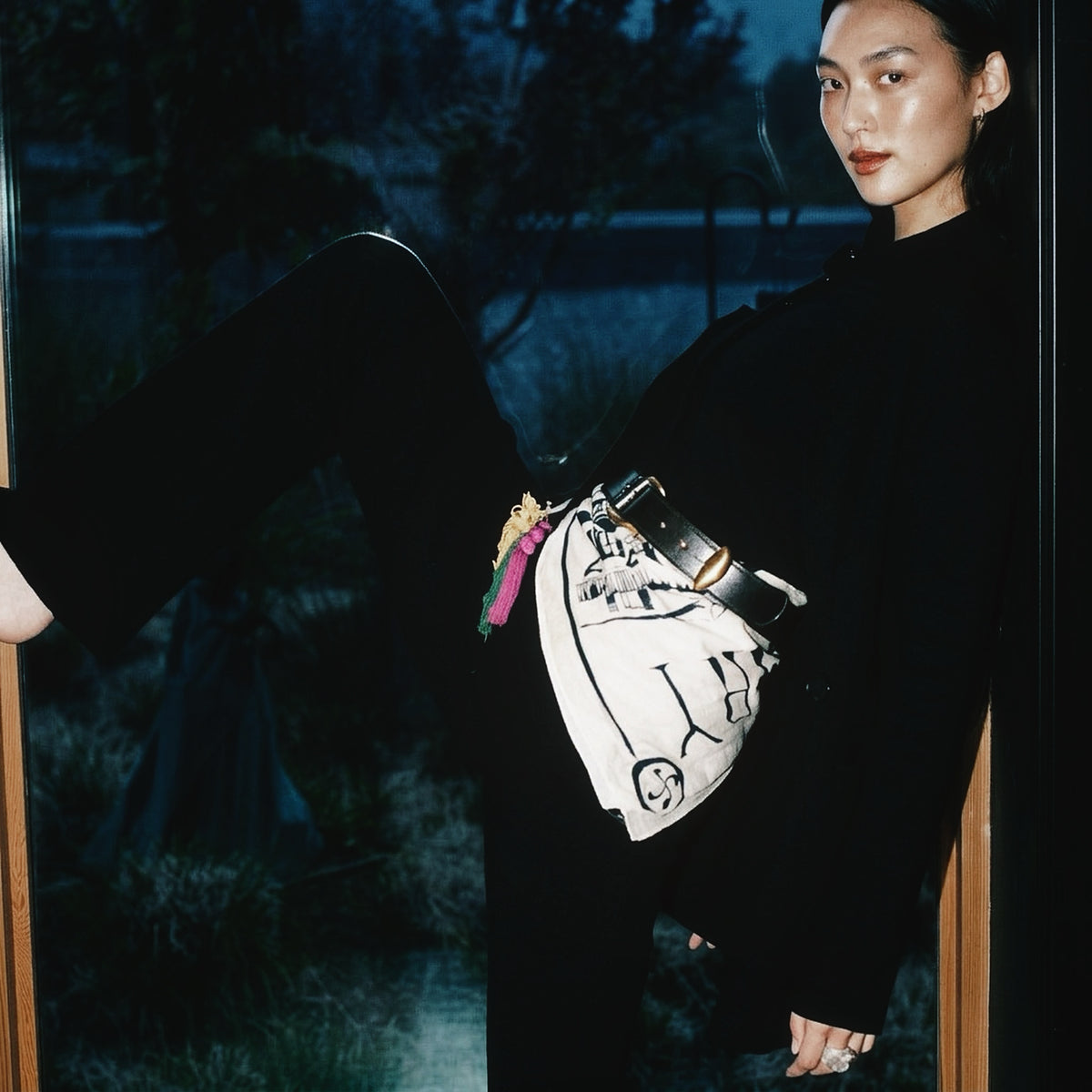STANDISH. Dolores Blazer in Carbon Black, a knit blazer, styled editorial shot #color_carbon black