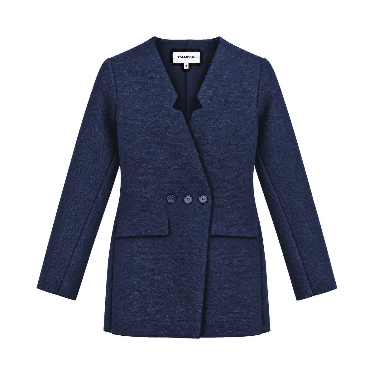 STANDISH. Dolores Blazer in Ink Navy, a knit blazer, front view #color_ink navy