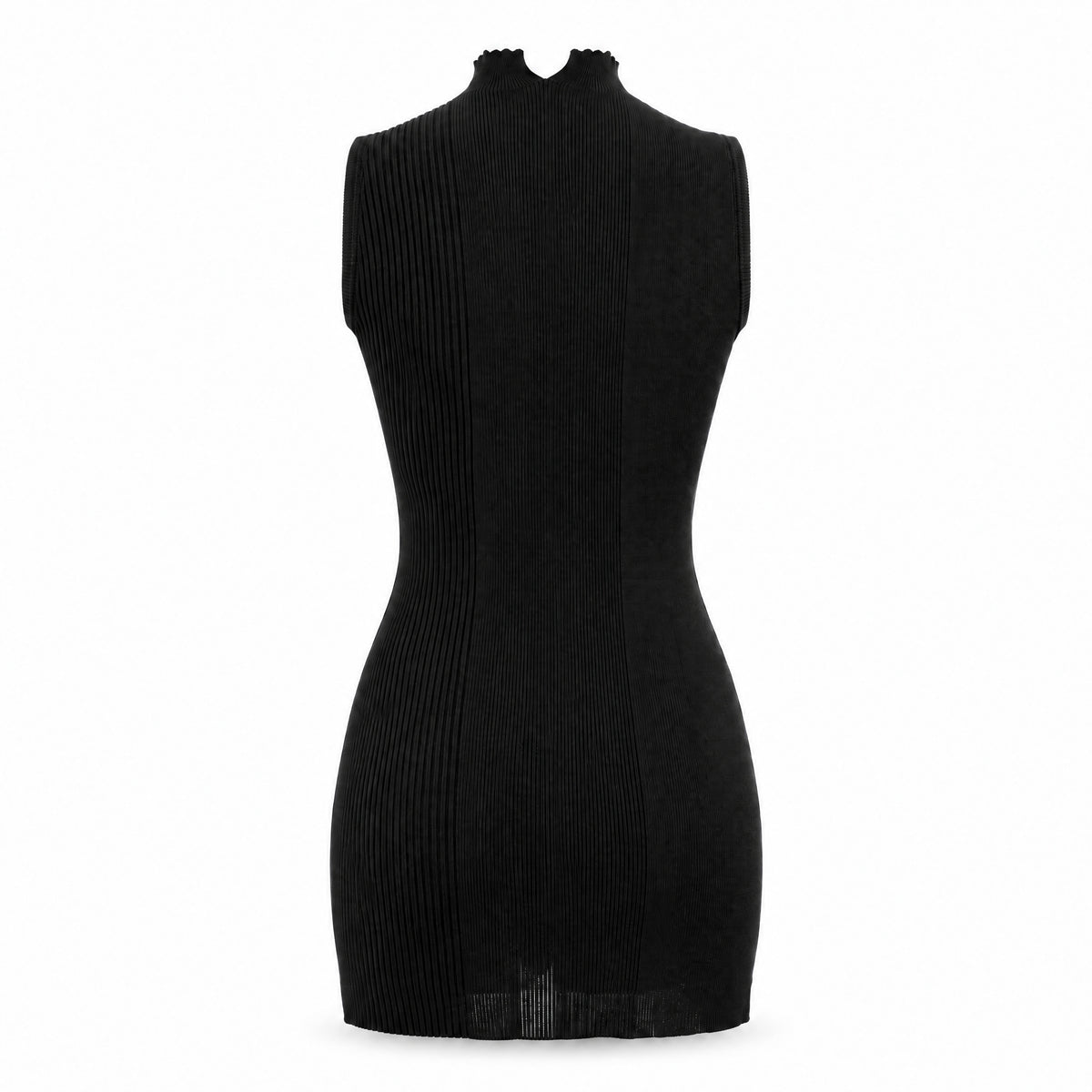 STANDISH. Drian Mini Dress in Carbon Black, a knit mini dress, back view #color_carbon black