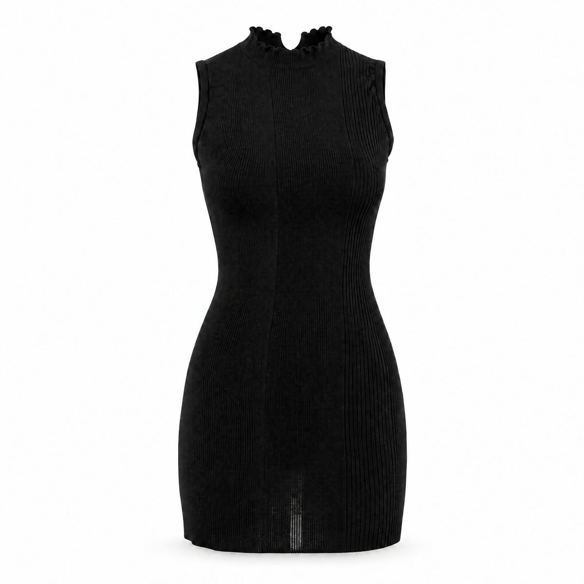 STANDISH. Drian Mini Dress in Carbon Black, a knit mini dress, front view #color_carbon black