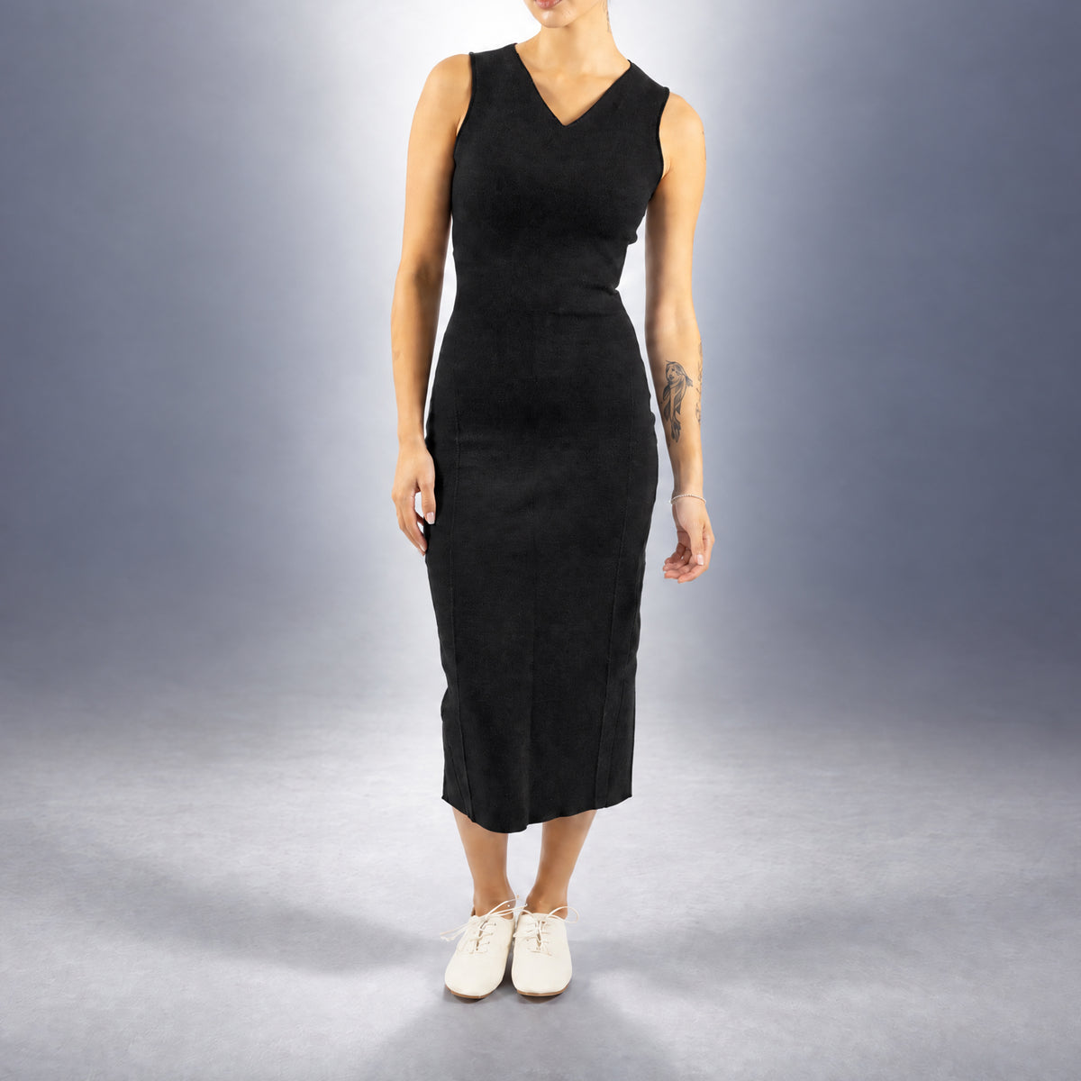 STANDISH. Evie Dress in Carbon Black, a knit dress, worn, front view #color_carbon black