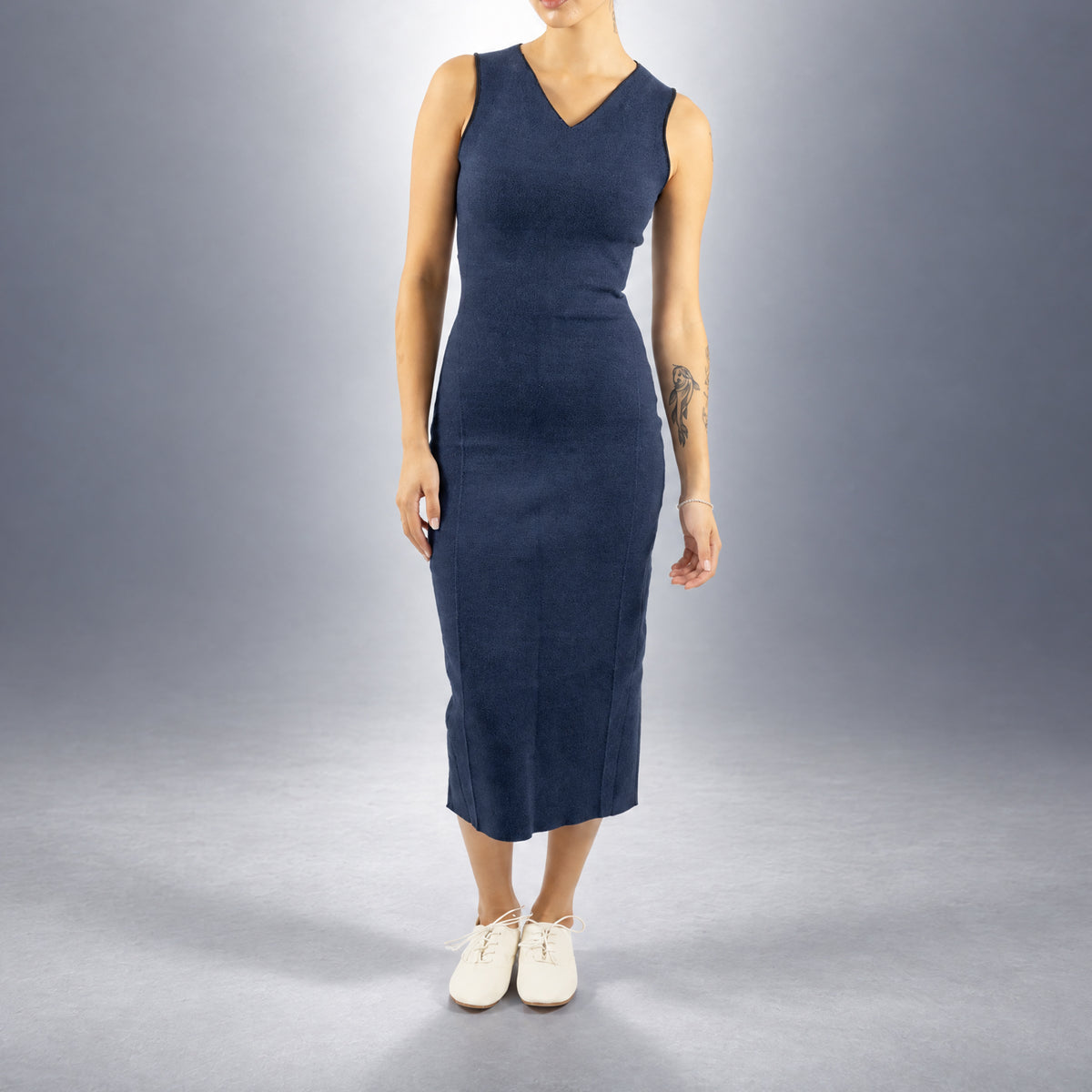 STANDISH. Evie Dress in Ink Navy, a knit dress, worn, front view #color_ink navy
