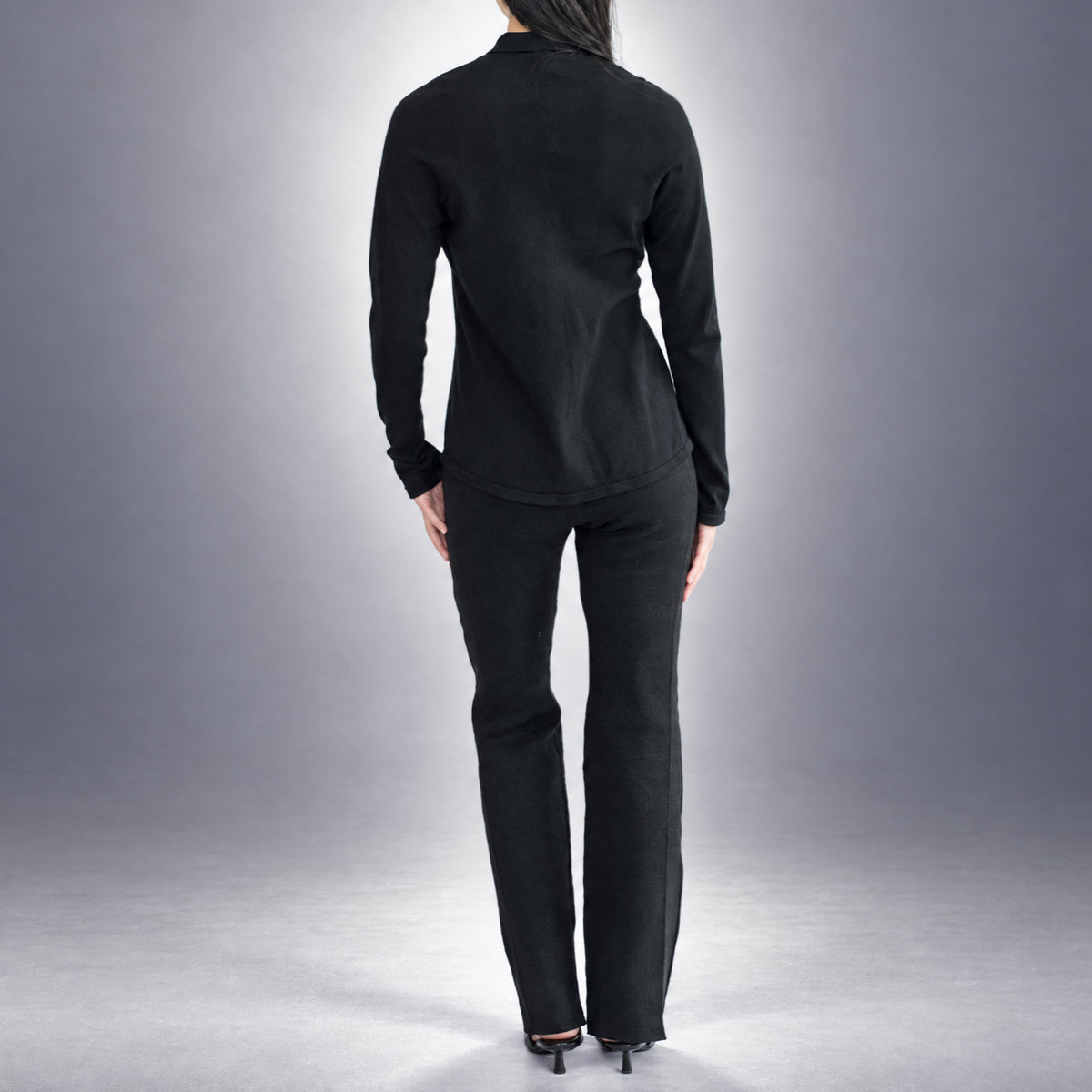 STANDISH. Gail Shirt in Carbon Black, a knit shirt, worn, back view #color_carbon black