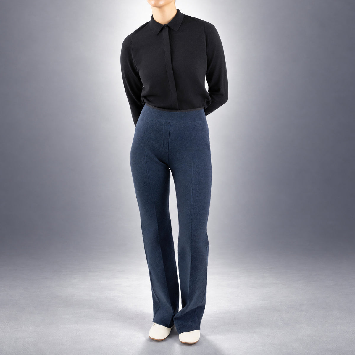 STANDISH. Gail Shirt in Midnight Navy, a knit shirt, worn, front view #color_midnight navy
