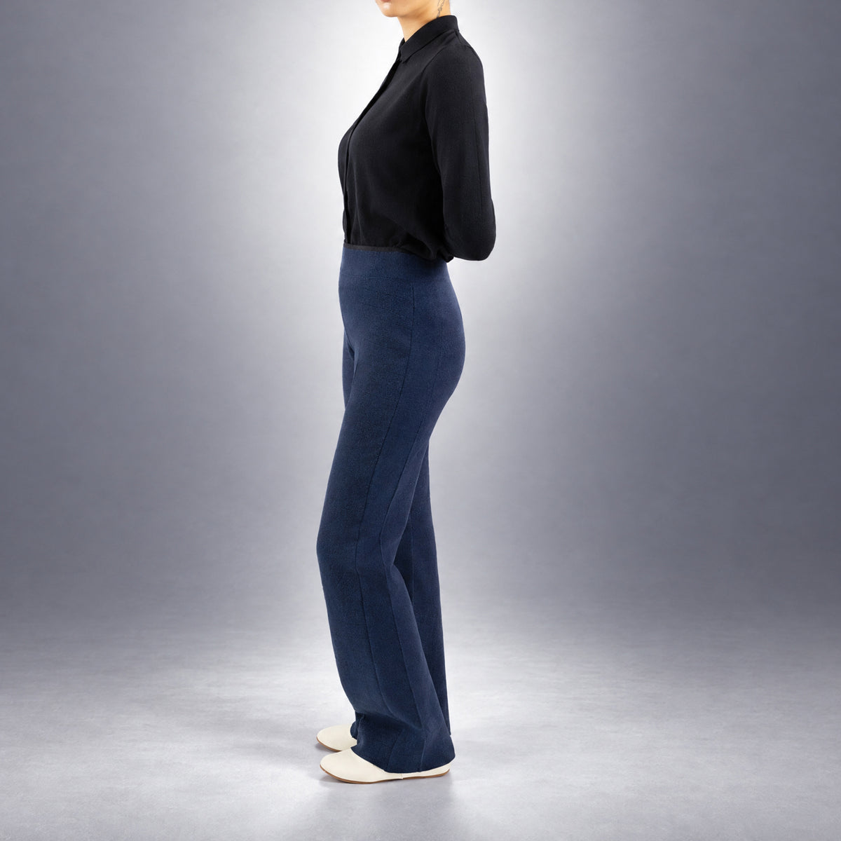 STANDISH. Gail Shirt in Midnight Navy, a knit shirt, worn, side view #color_midnight navy