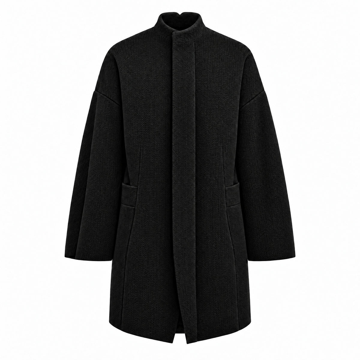 STANDISH. Jessica Coat in Carbon Black, a knit coat, front view #color_carbon black