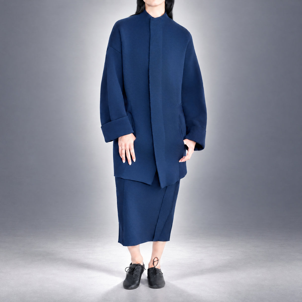 STANDISH. Jessica Coat in Ink Navy, a knit coat, worn, front view #color_ink navy