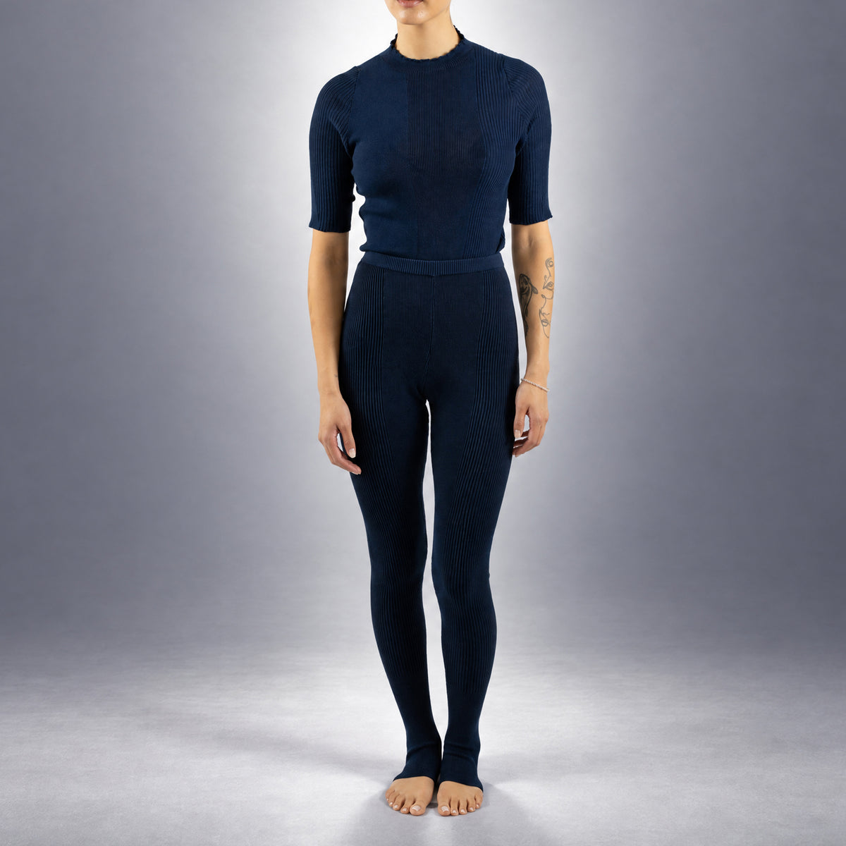 STANDISH. Jodi Tight in Ink Navy, a knit tight, worn, front view #color_ink navy