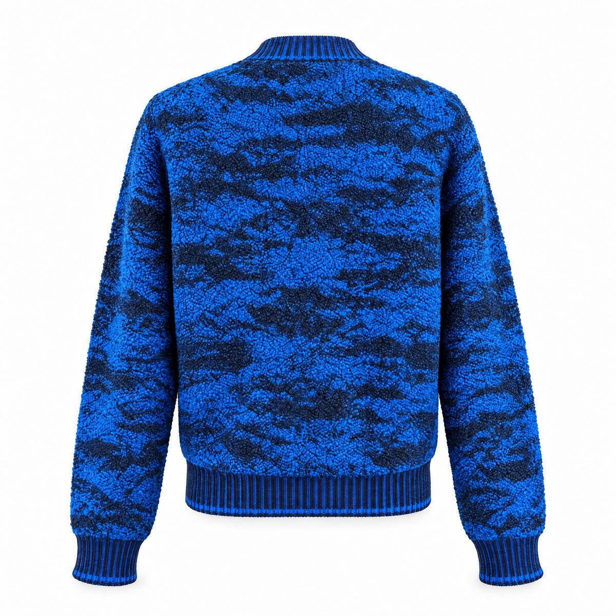STANDISH. Julie Cardigan in Lapping Blue/Midnight Navy Jacquard, a knit cardigan, back view #color_lapping blue/midnight navy jacquard