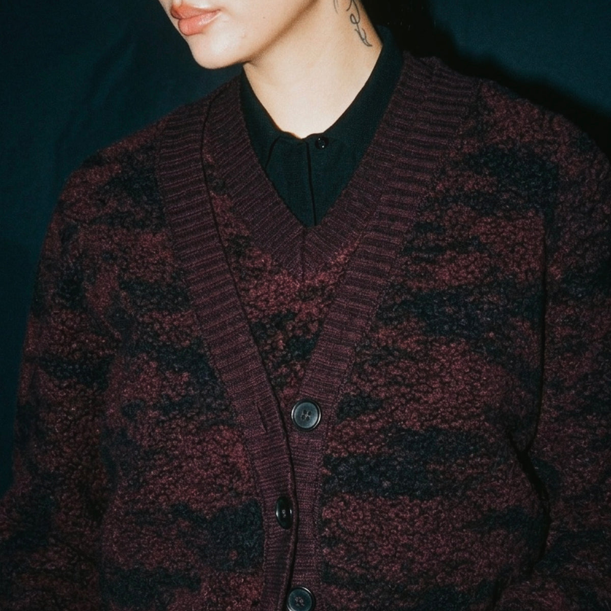 STANDISH. Julie Cardigan in Nocturne Magenta/Carbon Black Jacquard, a knit cardigan, styled editorial shot #color_nocturne magenta/carbon black jacquard
