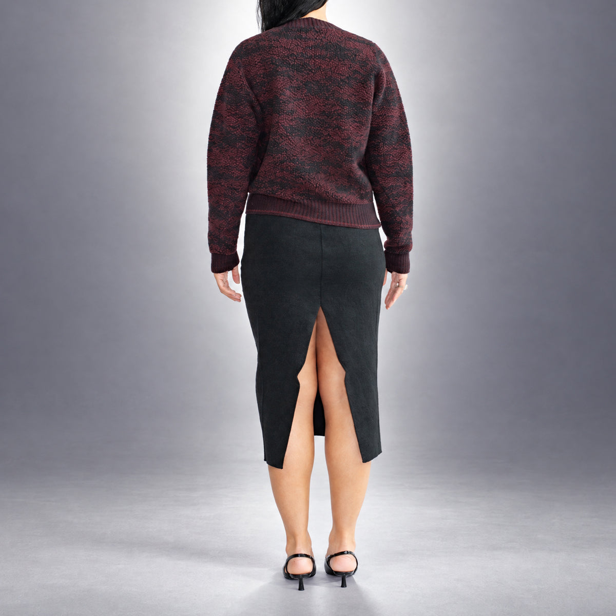 STANDISH. Julie Cardigan in Nocturne Magenta/Carbon Black Jacquard, a knit cardigan, worn, back view #color_nocturne magenta/carbon black jacquard