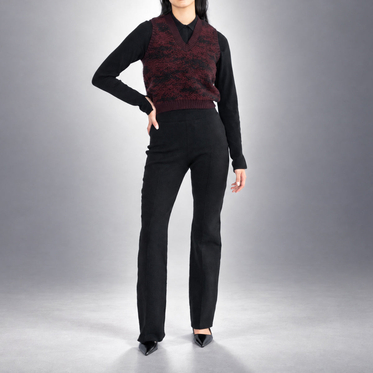 STANDISH. Paula Vest in Nocturne Magenta/Carbon Black Jacquard, a knit vest, worn, front view #color_nocturne magenta/carbon black jacquard