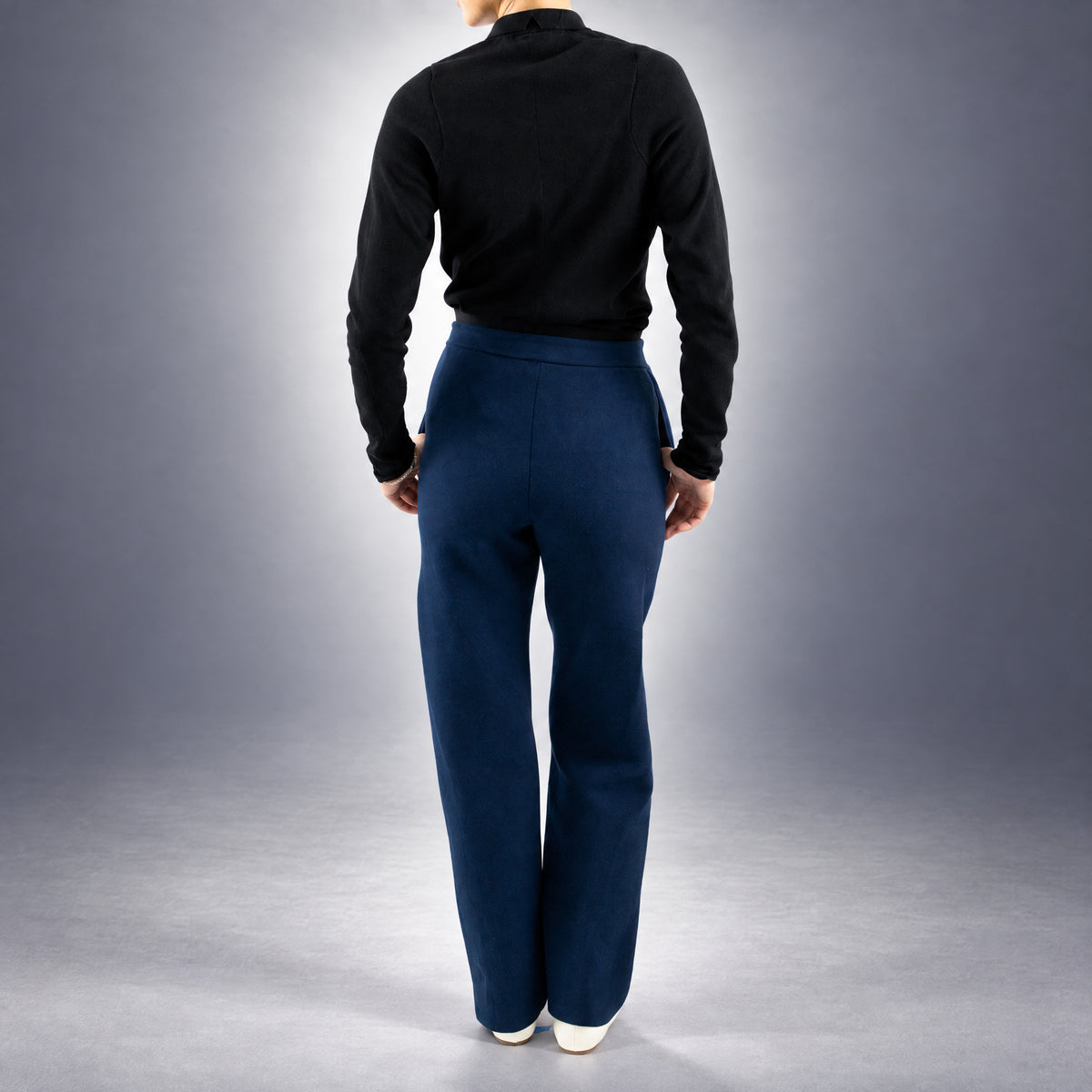 STANDISH. Suzy Track Pant in Ink Navy, a knit track pant, worn, back view #color_ink navy