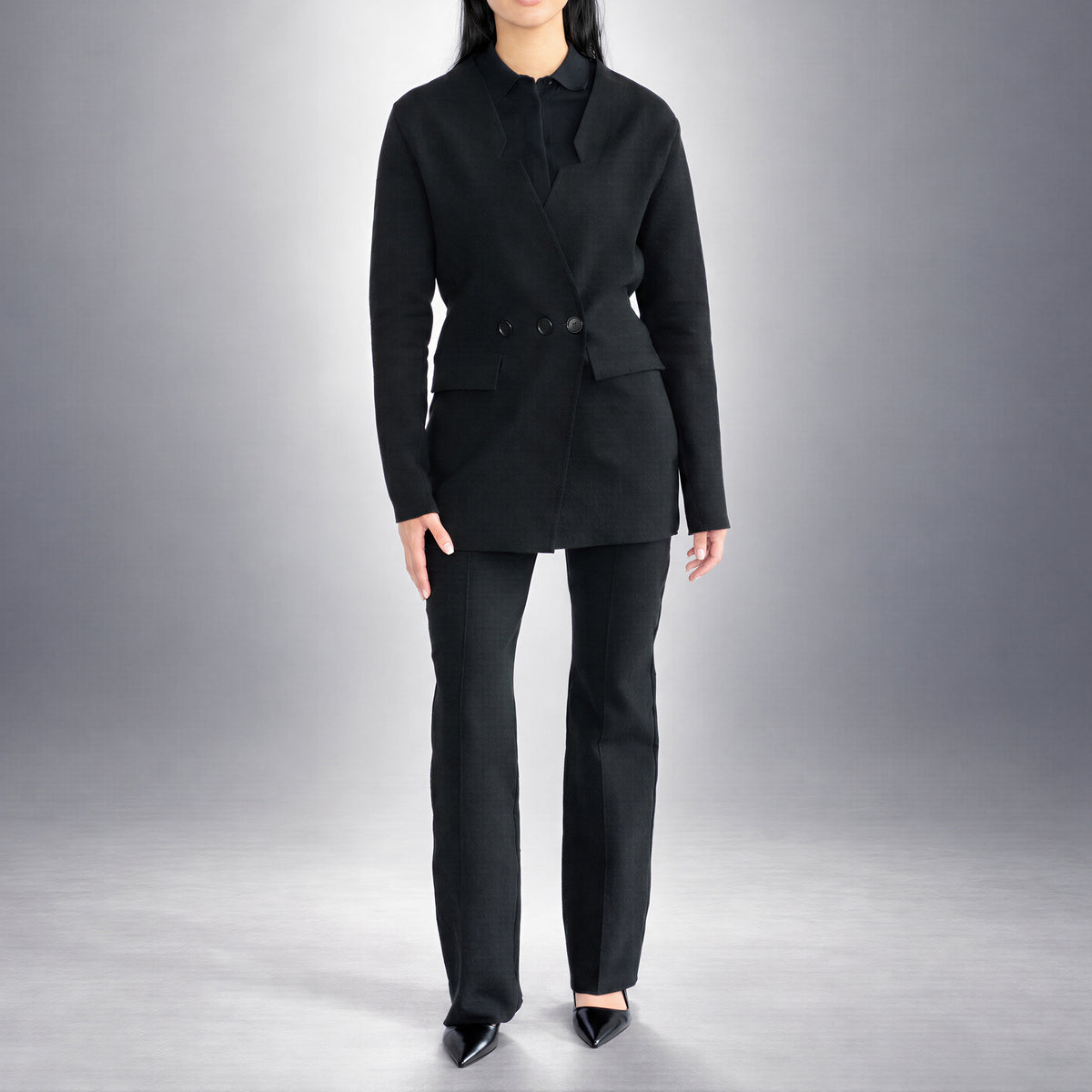 STANDISH. Dolores Blazer in Carbon Black, a knit blazer, worn, front view #color_carbon black