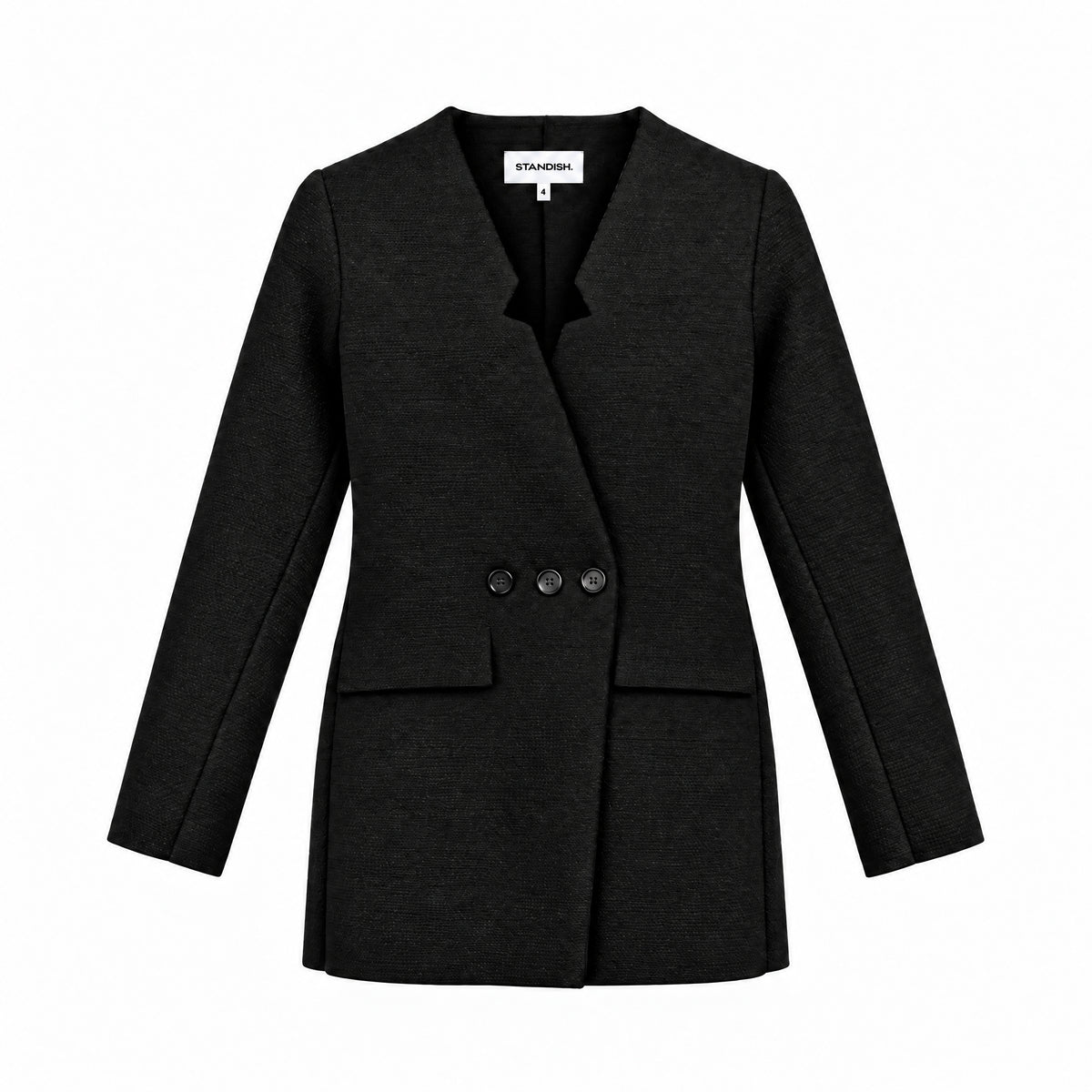 STANDISH. Dolores Blazer in Carbon Black, a knit blazer, front view #color_carbon black