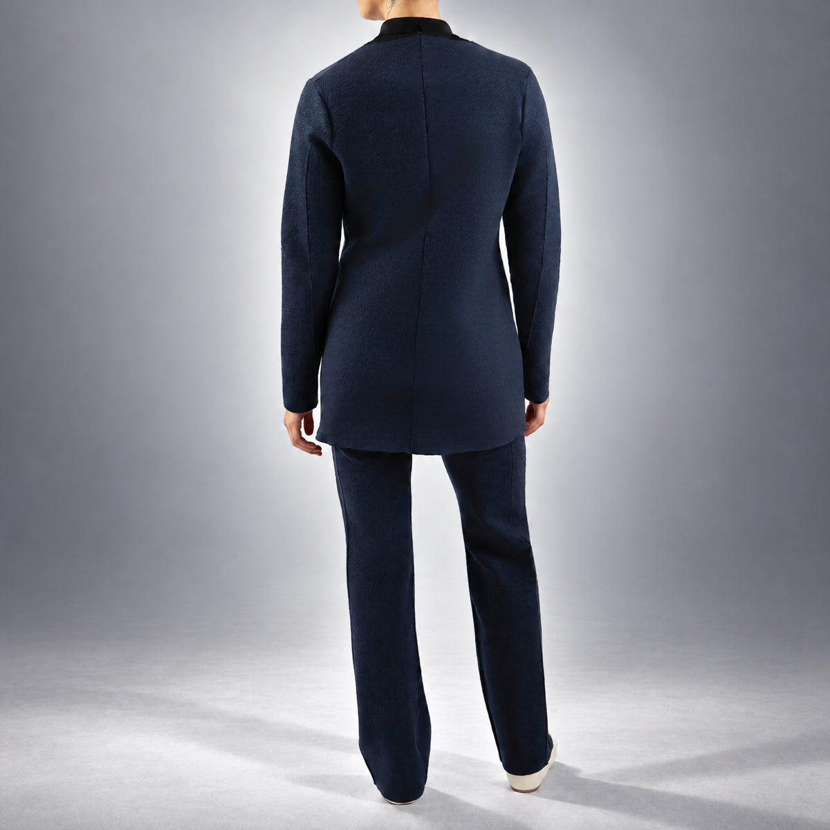 STANDISH. Dolores Blazer in Ink Navy, a knit blazer, worn, back view #color_ink navy