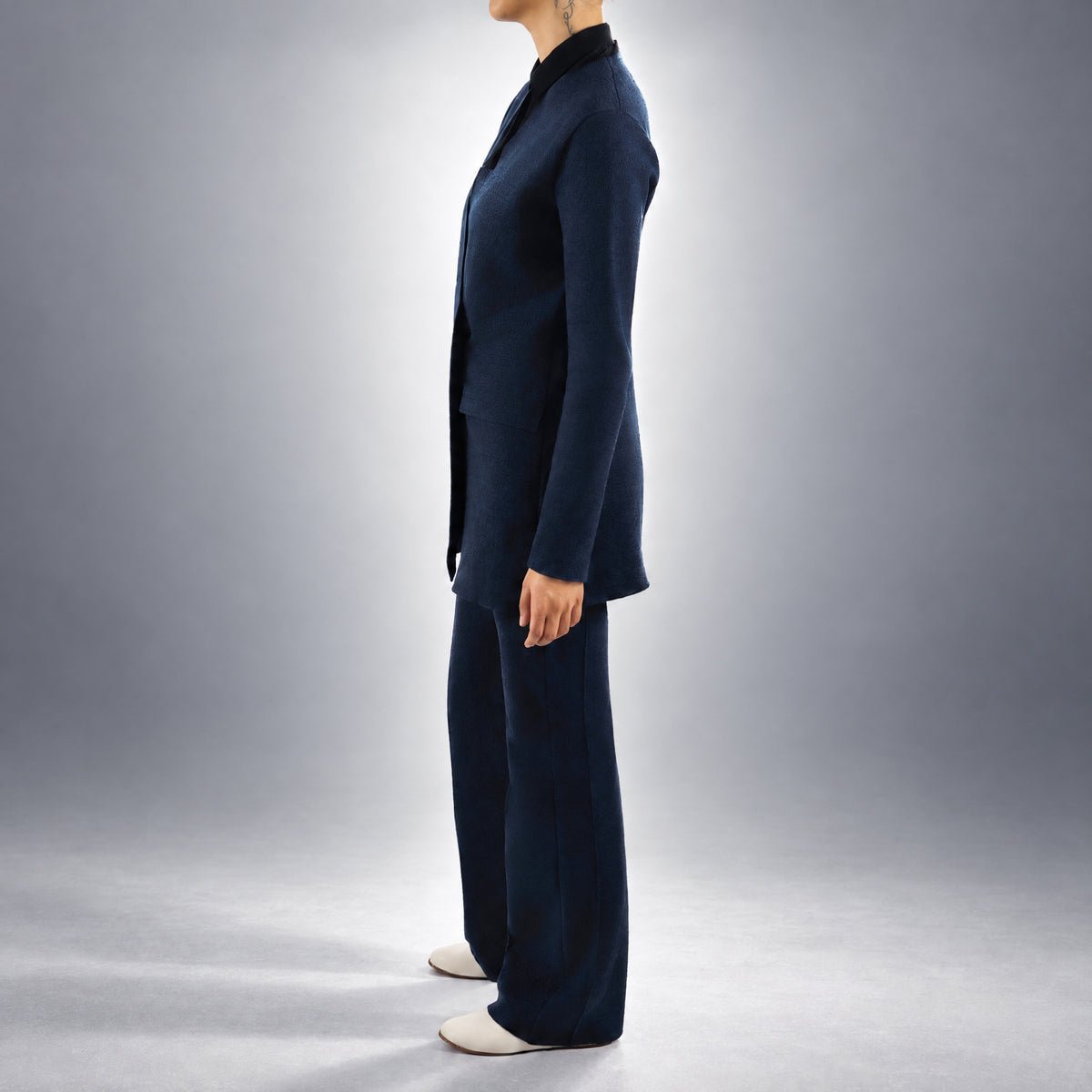 STANDISH. Dolores Blazer in Ink Navy, a knit blazer, worn, side view #color_ink navy