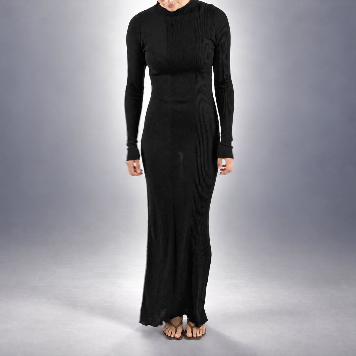 STANDISH. Doreen Maxi Dress in Carbon Black, a knit maxi dress, worn, front view #color_carbon black