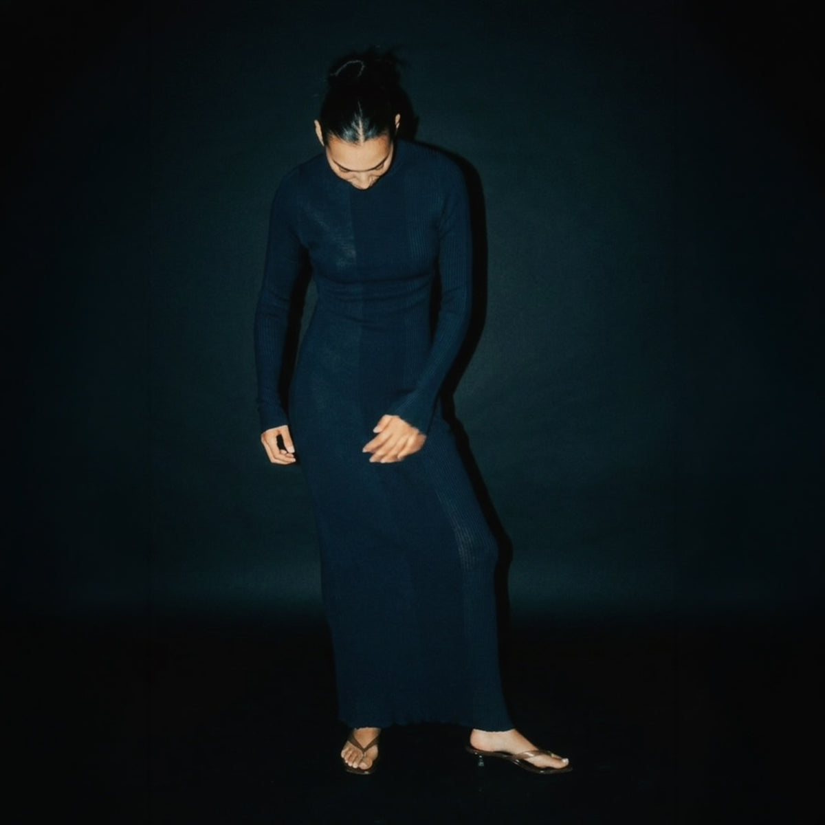 STANDISH. Doreen Maxi Dress in Ink Navy, a knit maxi dress, styled editorial shot #color_ink navy