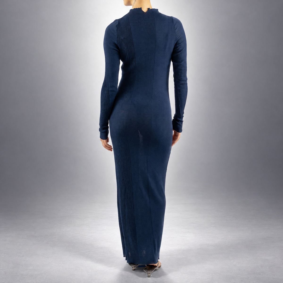 STANDISH. Doreen Maxi Dress in Ink Navy, a knit maxi dress, worn, back view #color_ink navy