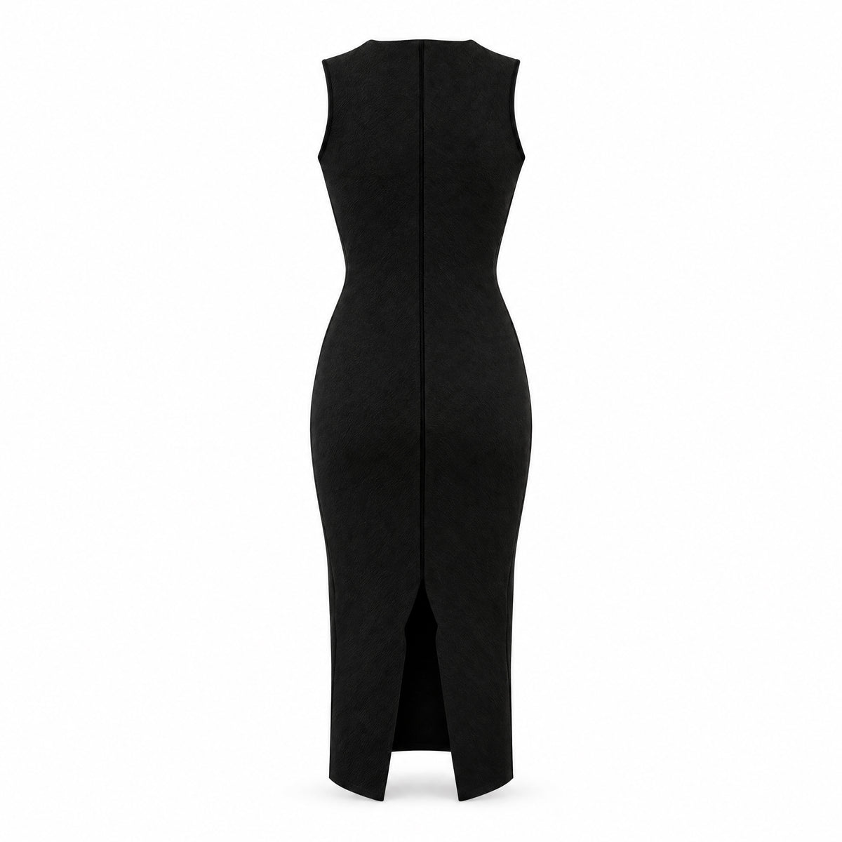 STANDISH. Evie Dress in Carbon Black, a knit dress, back view #color_carbon black