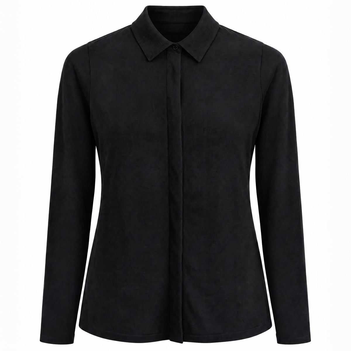 STANDISH. Gail Shirt in Carbon Black, a knit shirt, front view #color_carbon black
