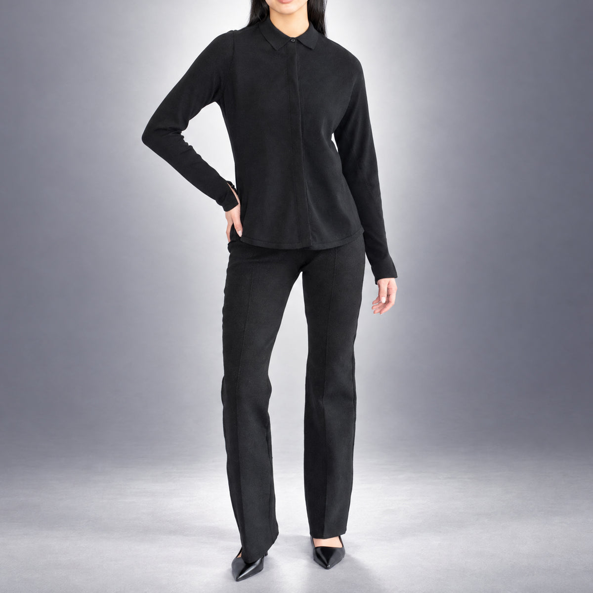 STANDISH. Gail Shirt in Carbon Black, a knit shirt, worn, front view #color_carbon black