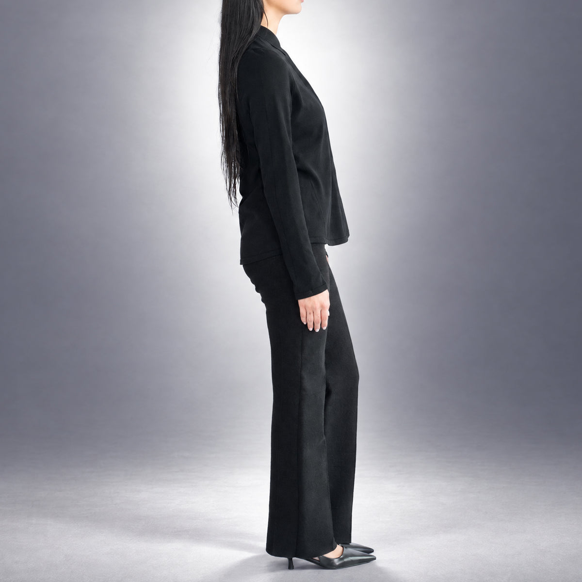 STANDISH. Gail Shirt in Carbon Black, a knit shirt, worn, side view #color_carbon black
