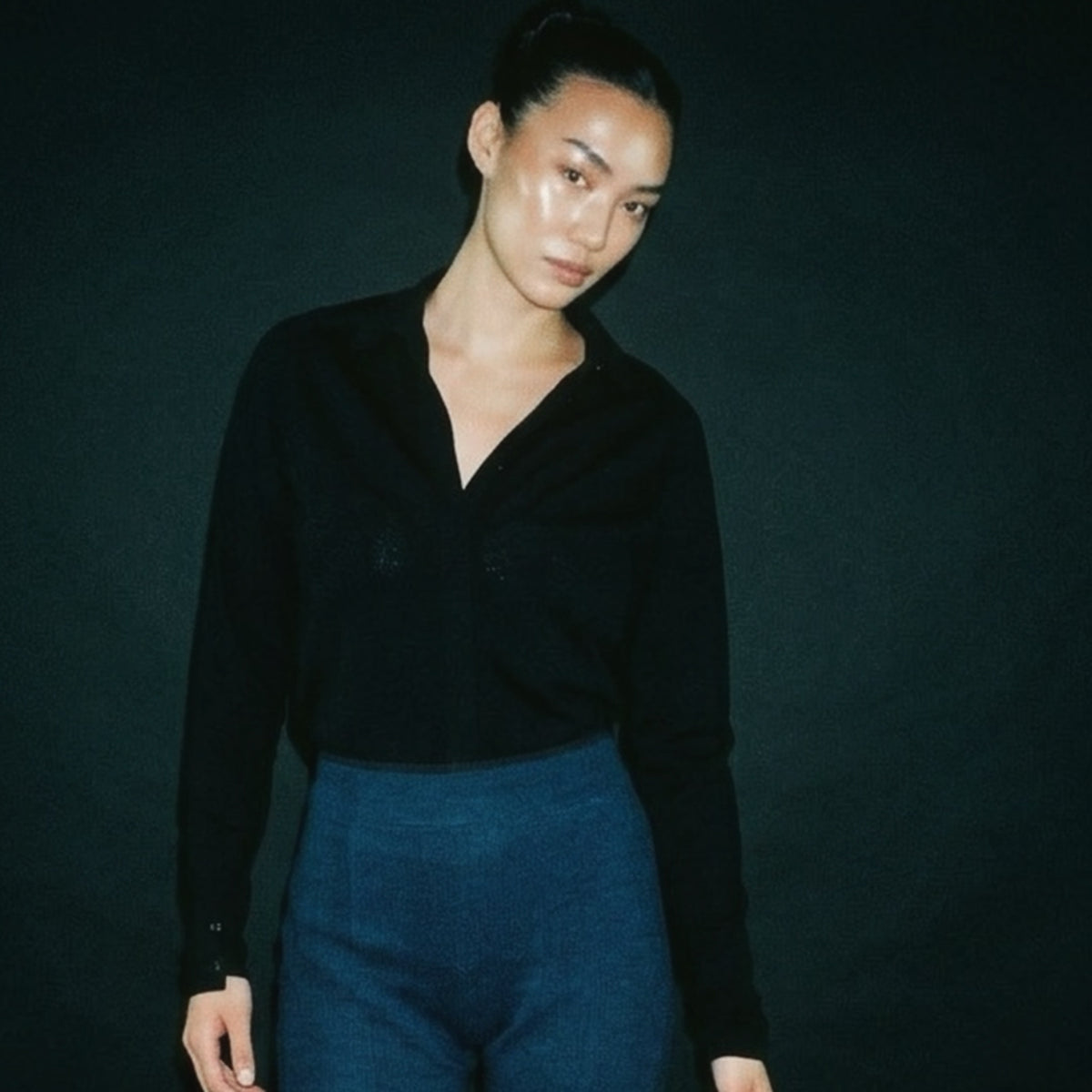 STANDISH. Gail Shirt in Midnight Navy, a knit shirt, styled editorial shot #color_midnight navy