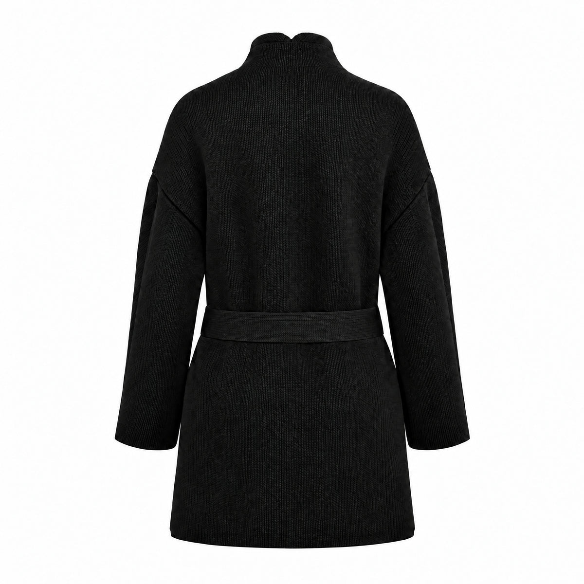 STANDISH. Jessica Coat in Carbon Black, a knit coat, back view #color_carbon black