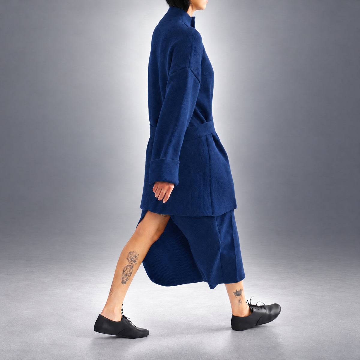 STANDISH. Jessica Coat in Ink Navy, a knit coat, worn, side view #color_ink navy