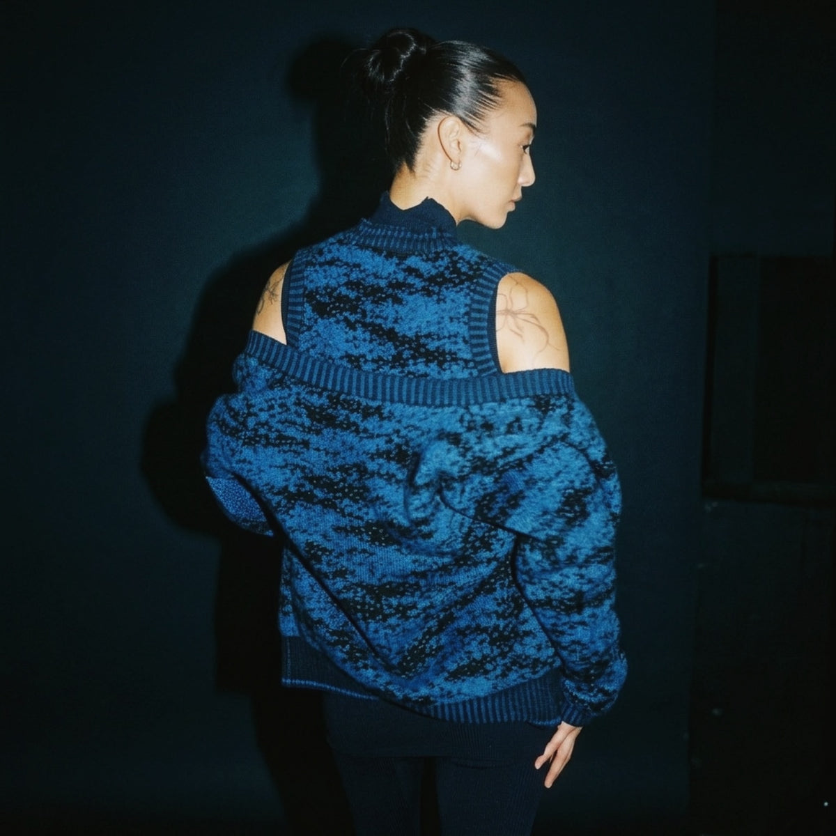 STANDISH. Julie Cardigan in Lapping Blue/Midnight Navy Jacquard, a knit cardigan, styled editorial shot #color_lapping blue/midnight navy jacquard