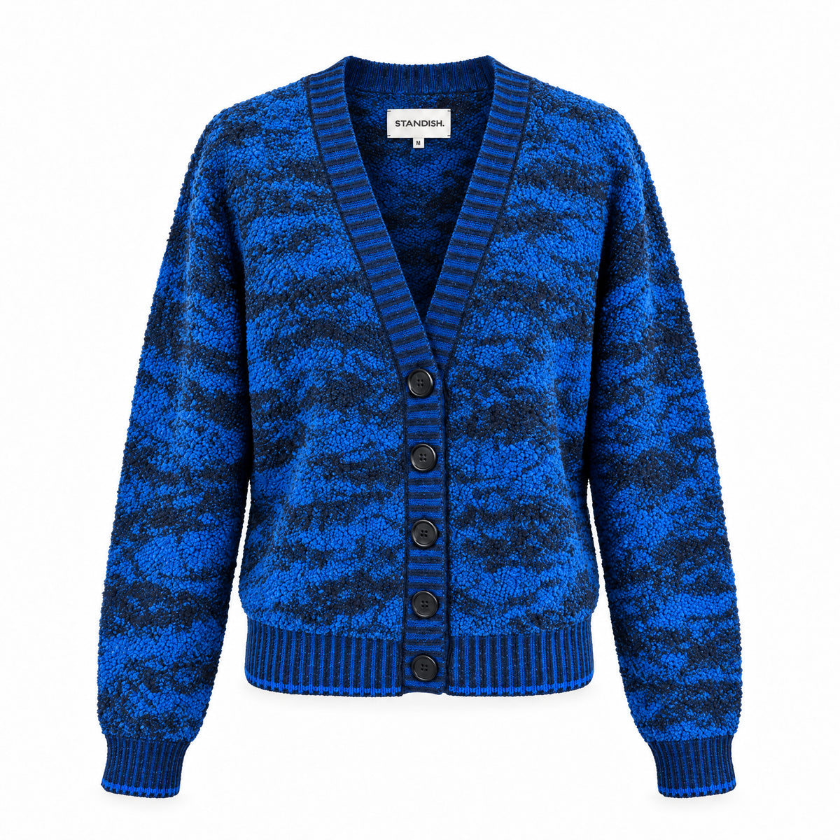STANDISH. Julie Cardigan in Lapping Blue/Midnight Navy Jacquard, a knit cardigan, front view #color_lapping blue/midnight navy jacquard