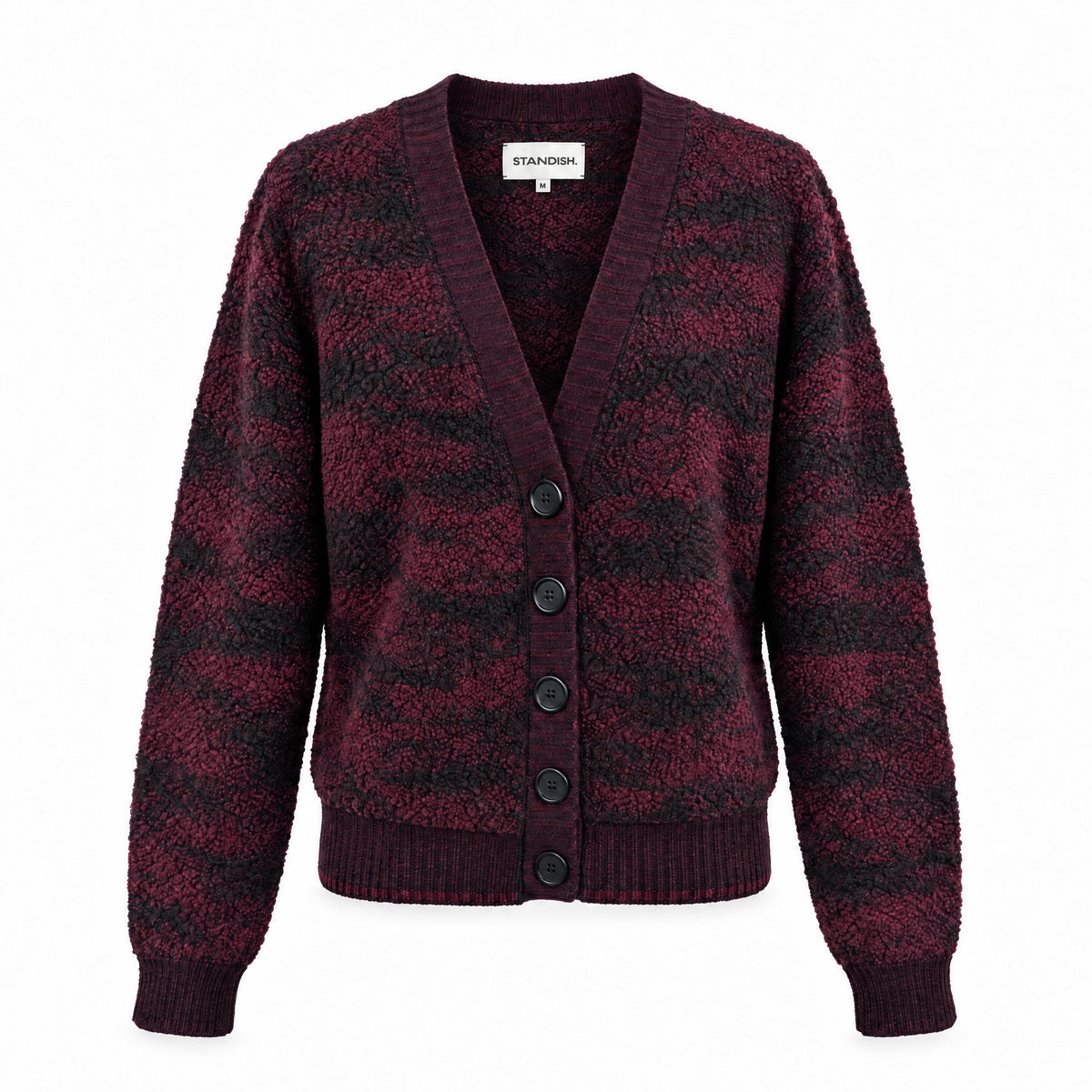 STANDISH. Julie Cardigan in Nocturne Magenta/Carbon Black Jacquard, a knit cardigan, front view #color_nocturne magenta/carbon black jacquard