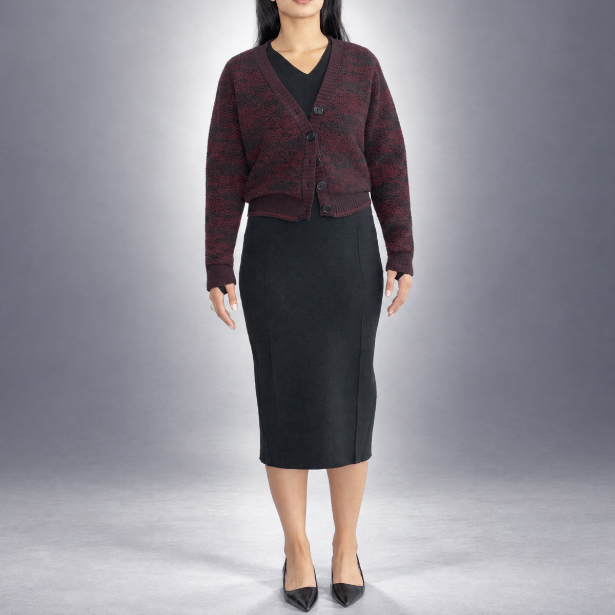 STANDISH. Julie Cardigan in Nocturne Magenta/Carbon Black Jacquard, a knit cardigan, worn, front view #color_nocturne magenta/carbon black jacquard