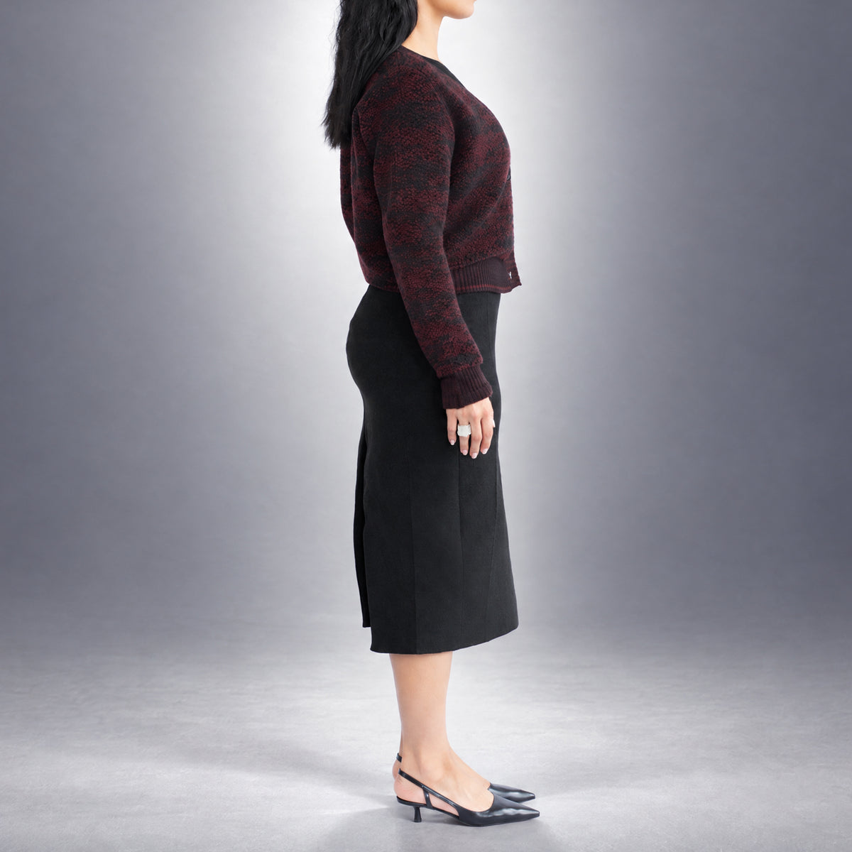 STANDISH. Julie Cardigan in Nocturne Magenta/Carbon Black Jacquard, a knit cardigan, worn, side view #color_nocturne magenta/carbon black jacquard