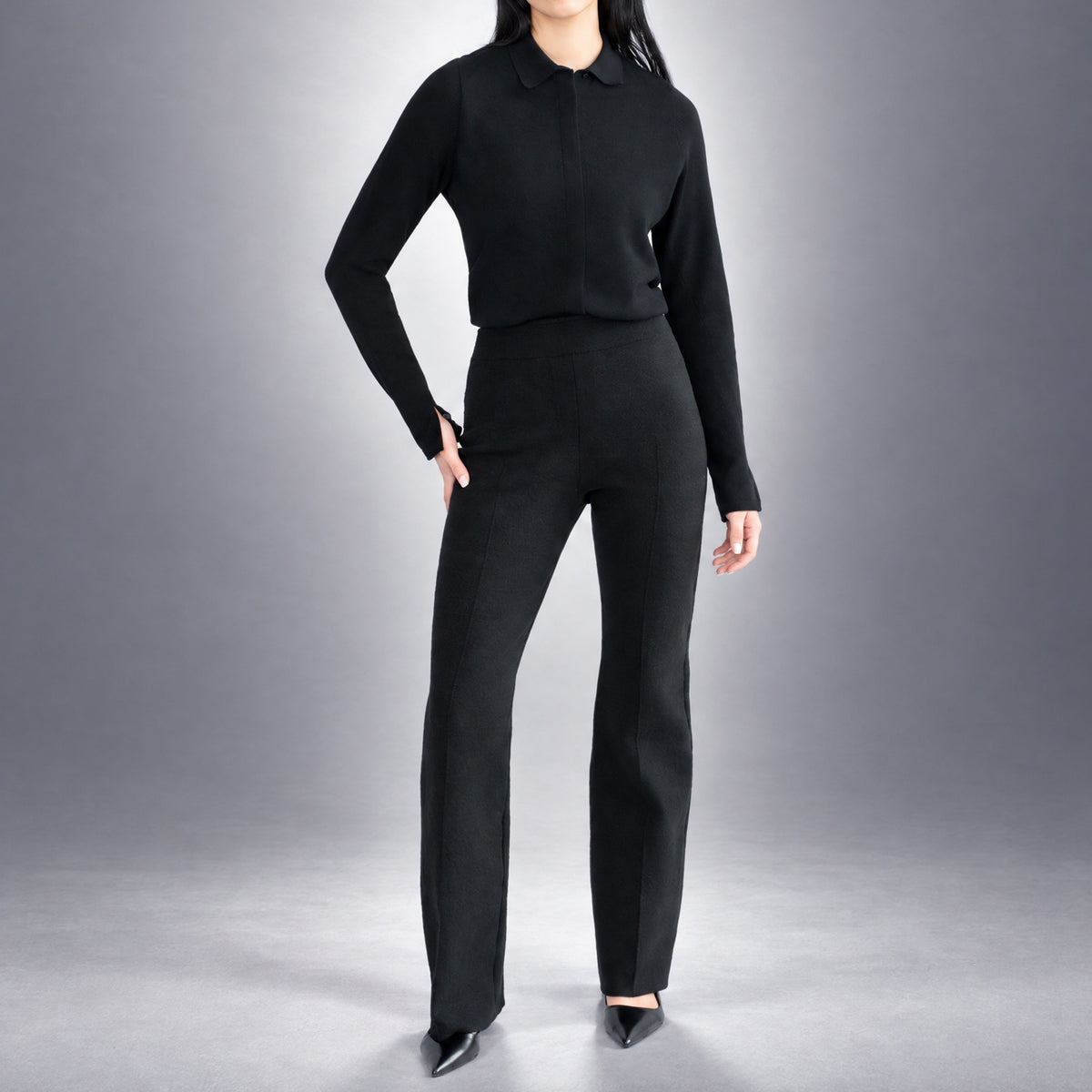 STANDISH. Lola Pant in Carbon Black, a knit pant, worn, front view #color_carbon black