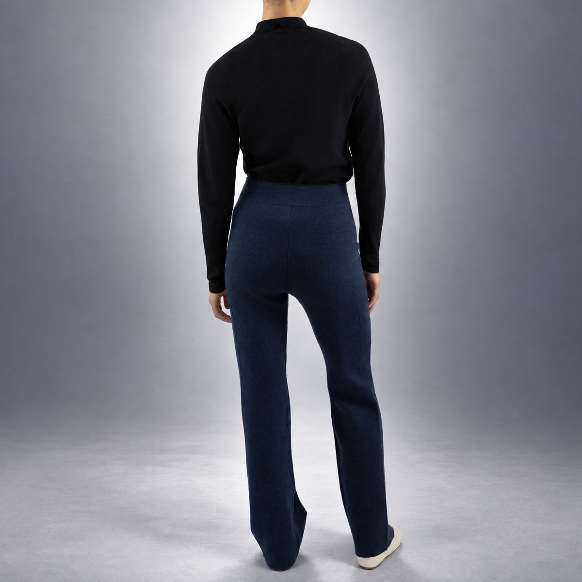 STANDISH. Lola Pant in Ink Navy, a knit pant, worn, back view #color_ink navy