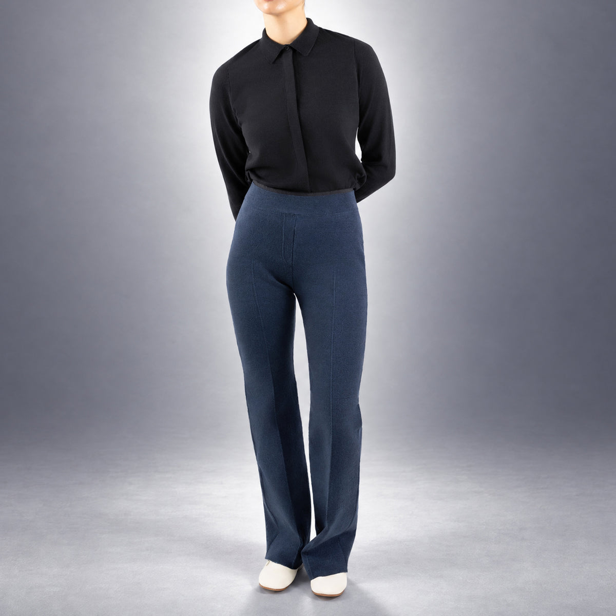 STANDISH. Lola Pant in Ink Navy, a knit pant, worn, front view #color_ink navy