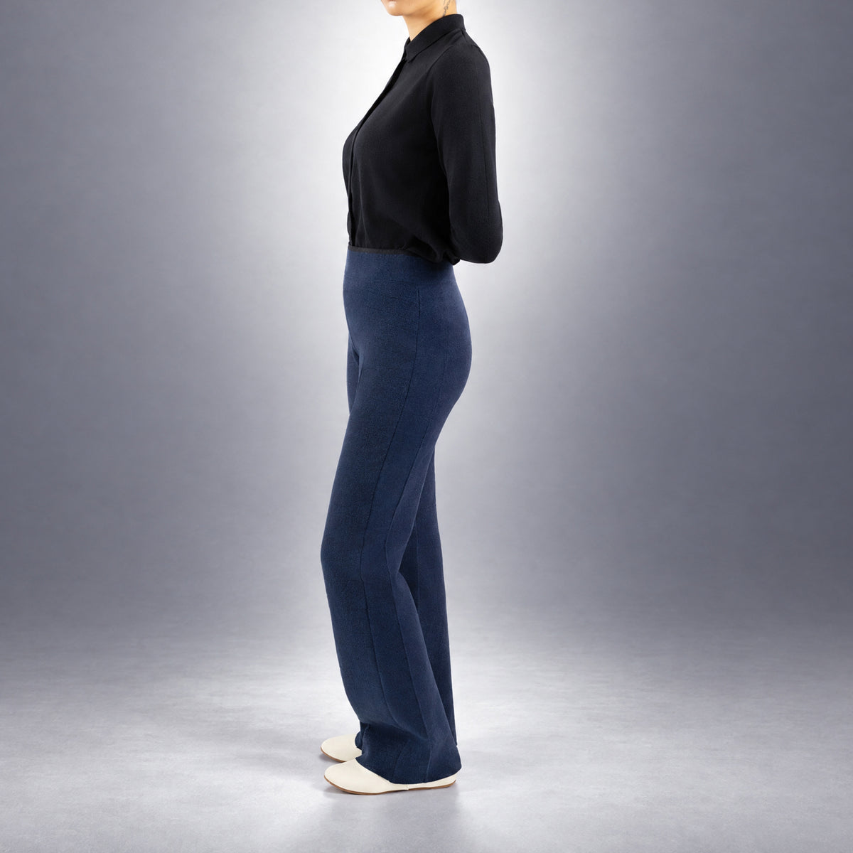 STANDISH. Lola Pant in Ink Navy, a knit pant, worn, side view #color_ink navy