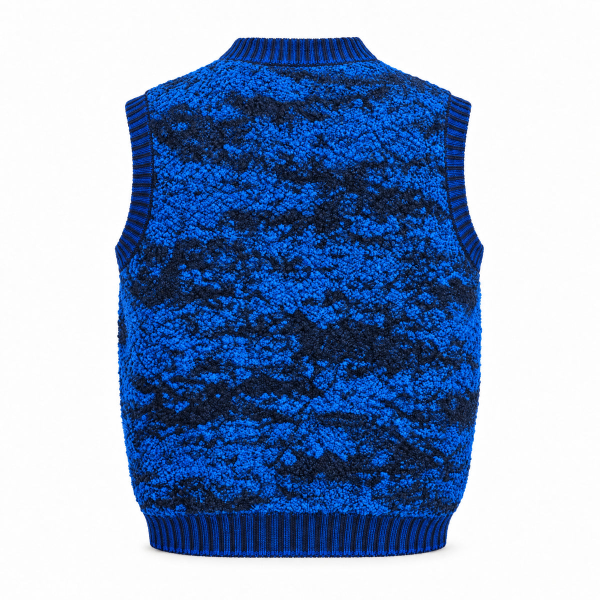 STANDISH. Paula Vest in Lapping Blue/Midnight Navy Jacquard, a knit vest, back view #color_lapping blue/midnight navy jacquard