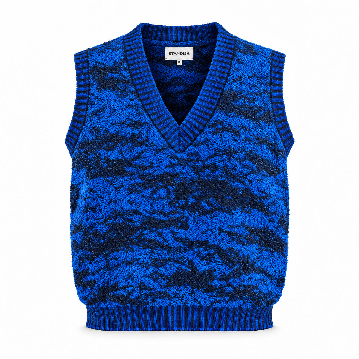 STANDISH. Paula Vest in Lapping Blue/Midnight Navy Jacquard, a knit vest, front view #color_lapping blue/midnight navy jacquard