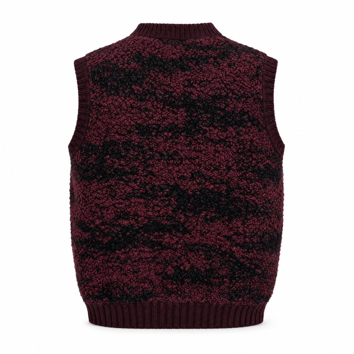 STANDISH. Paula Vest in Nocturne Magenta/Carbon Black Jacquard, a knit vest, back view #color_nocturne magenta/carbon black jacquard