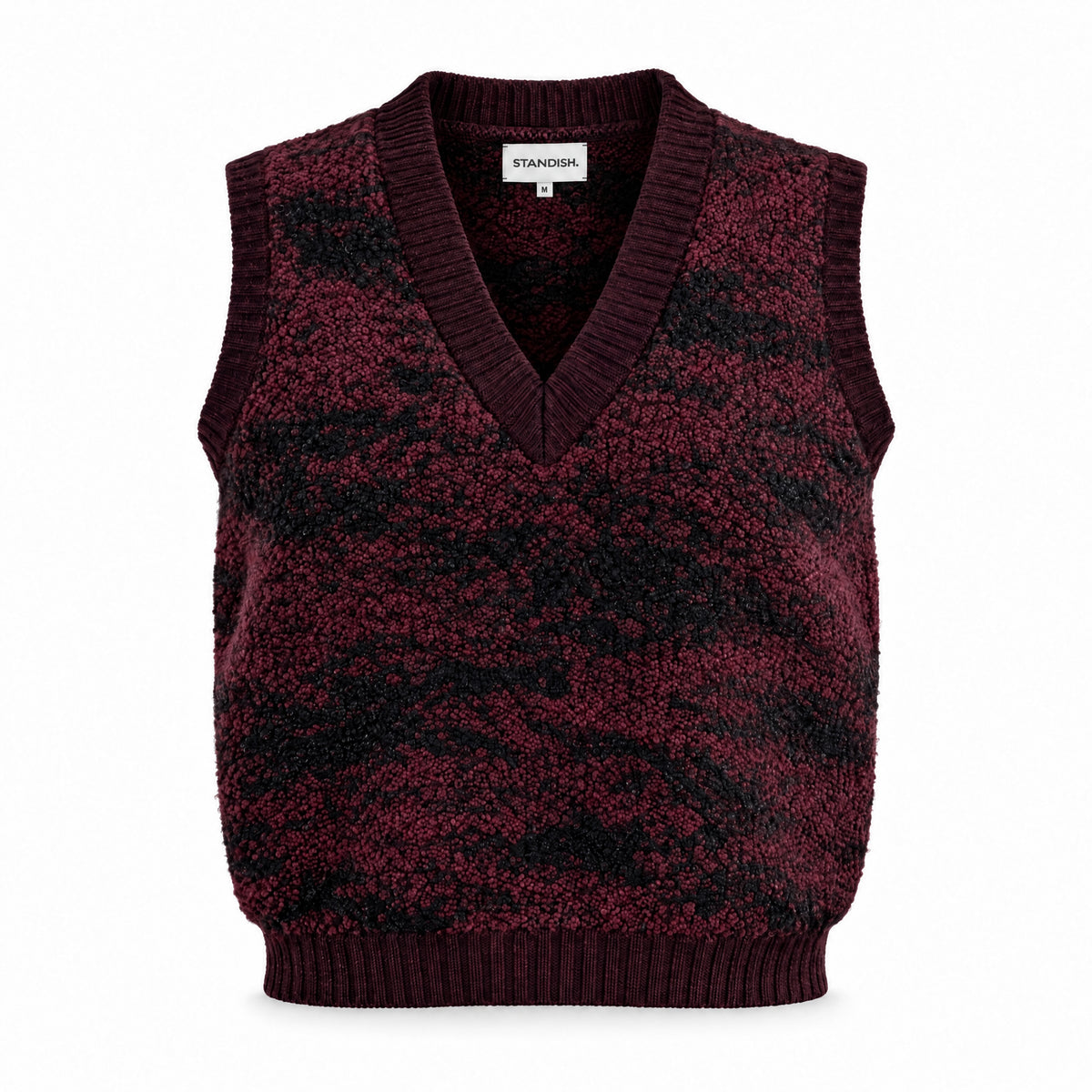 STANDISH. Paula Vest in Nocturne Magenta/Carbon Black Jacquard, a knit vest, front view #color_nocturne magenta/carbon black jacquard