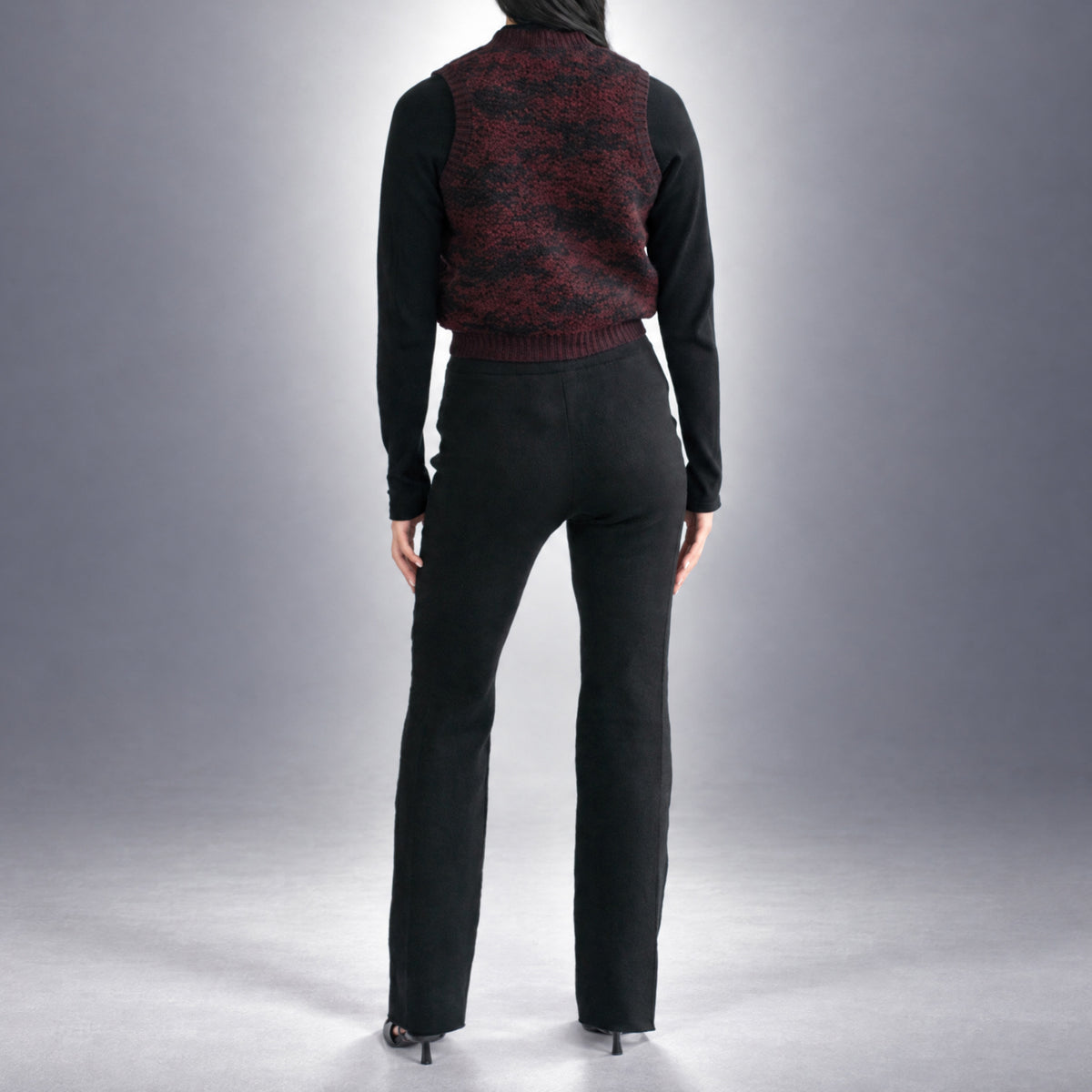 STANDISH. Paula Vest in Nocturne Magenta/Carbon Black Jacquard, a knit vest, worn, back view #color_nocturne magenta/carbon black jacquard