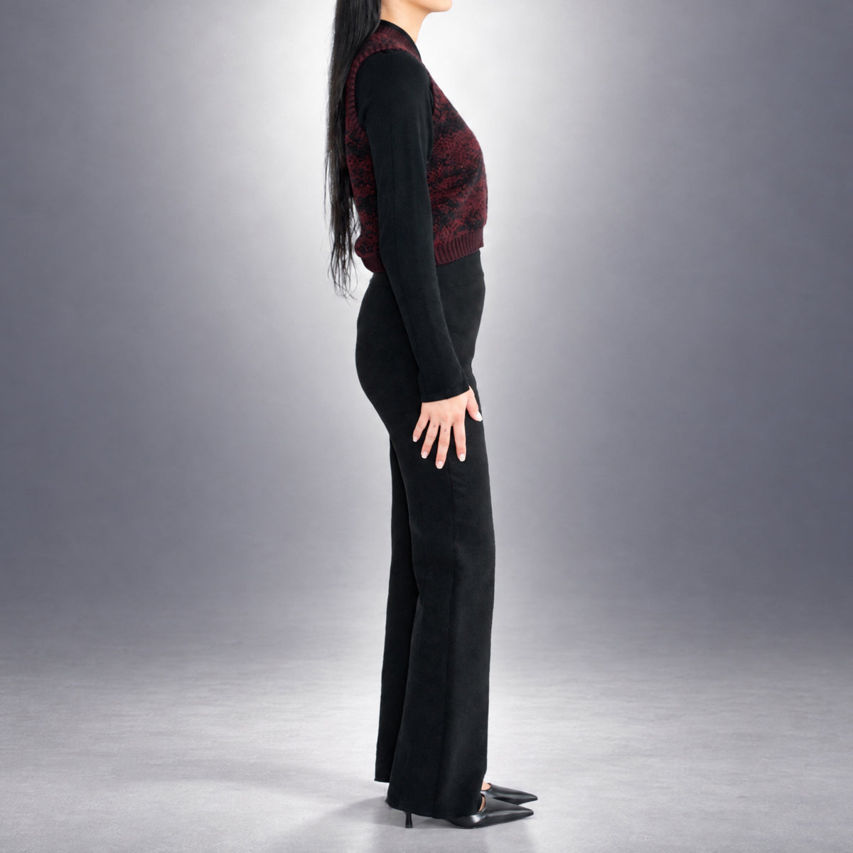 STANDISH. Paula Vest in Nocturne Magenta/Carbon Black Jacquard, a knit vest, worn, side view #color_nocturne magenta/carbon black jacquard
