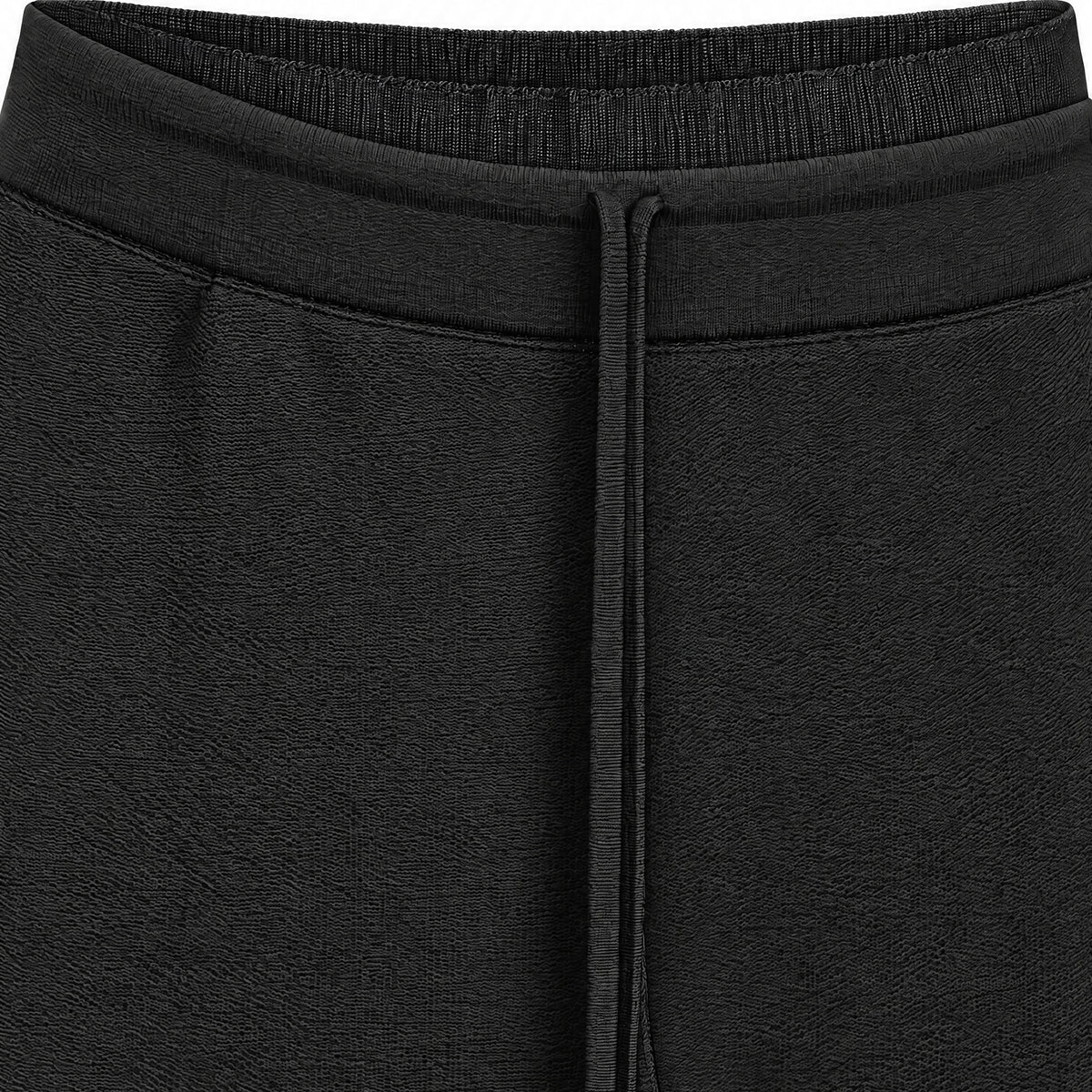 STANDISH. Suzy Track Pant in Carbon Black, close-up of the Organic Italian Supima cotton and mulberry silk knit drawcord #color_carbon black