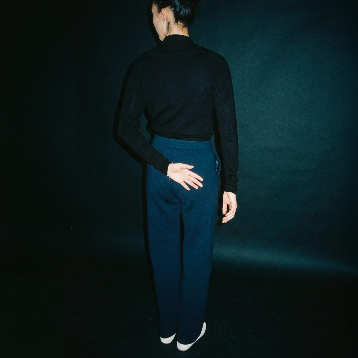STANDISH. Suzy Track Pant in Ink Navy, a knit track pant, styled editorial shot #color_ink navy