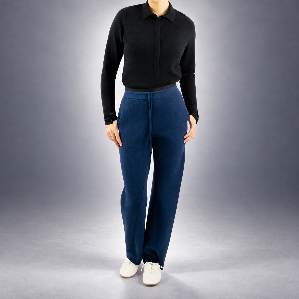 STANDISH. Suzy Track Pant in Ink Navy, a knit track pant, worn, front view #color_ink navy