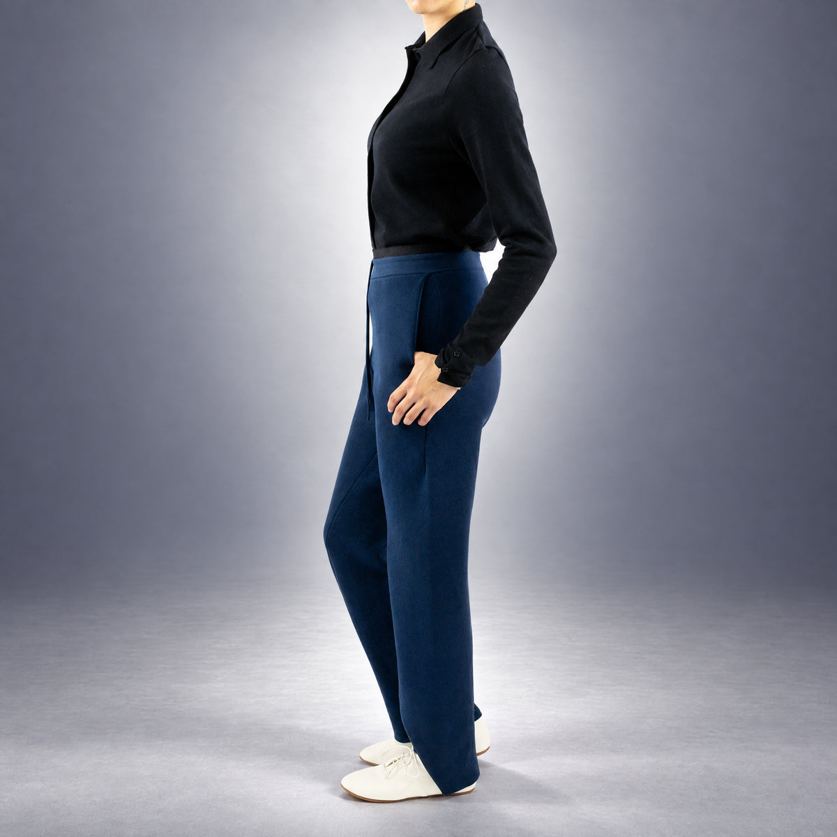 STANDISH. Suzy Track Pant in Ink Navy, a knit track pant, worn, side view #color_ink navy